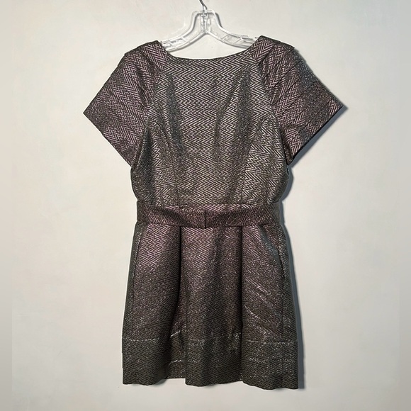 THREAD SOCIAL Cocktail Metallic Pleated SLV Bow Belt Sage Chevron Party Dress 4 - Picture 2 of 16